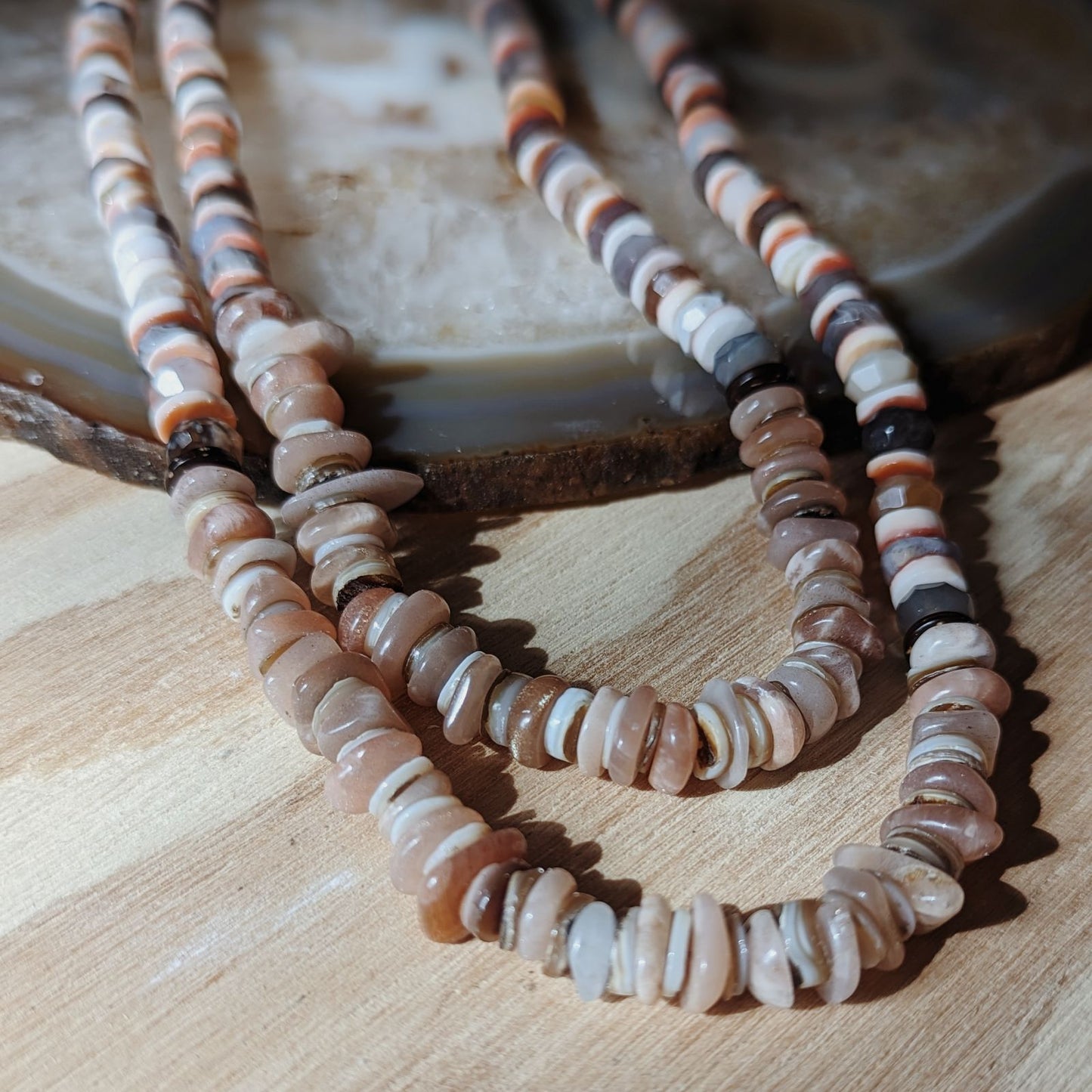 Beaded Necklace | Botswana Agate, Peach Moon Stone, and Sea Shell