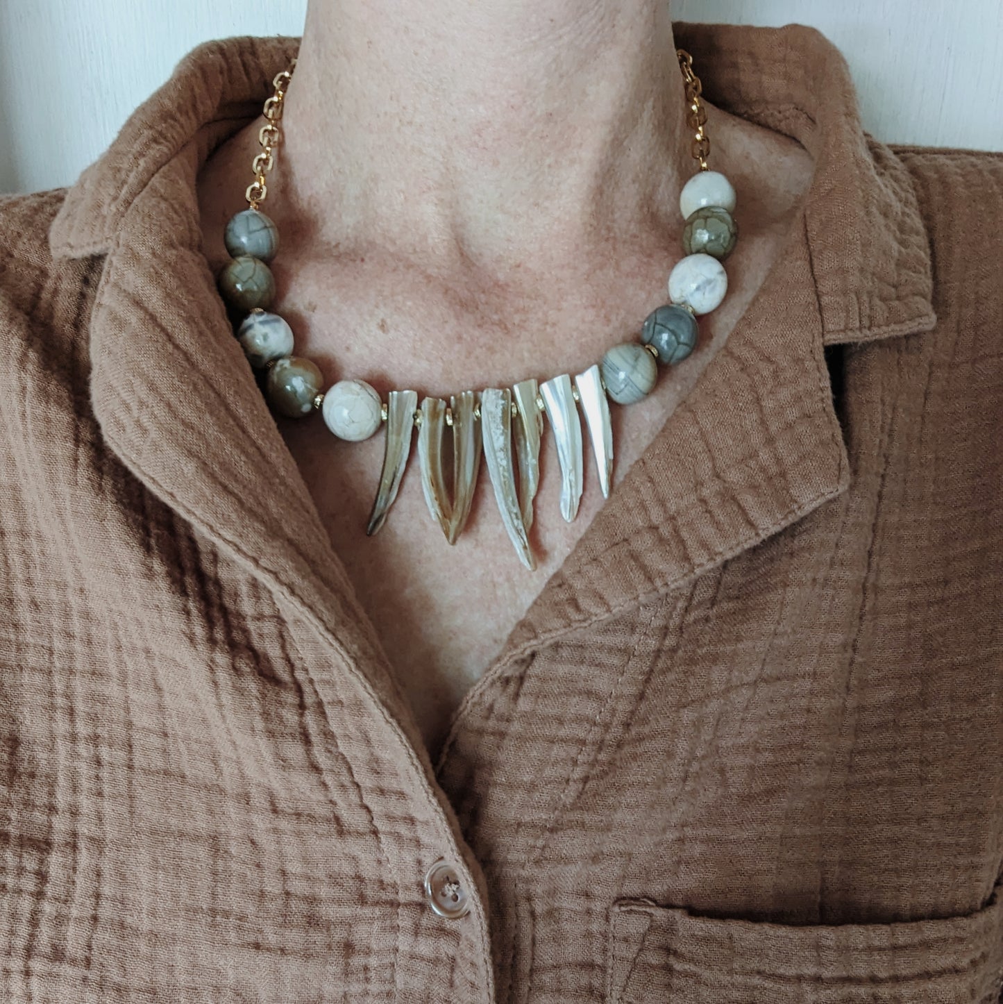 Agate and Sea Shell Spike Necklace