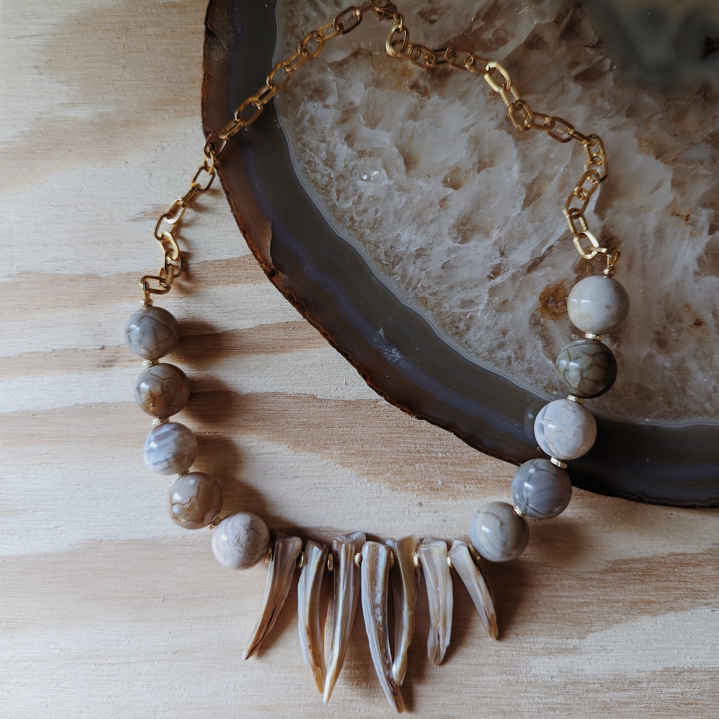 Agate and Sea Shell Spike Necklace