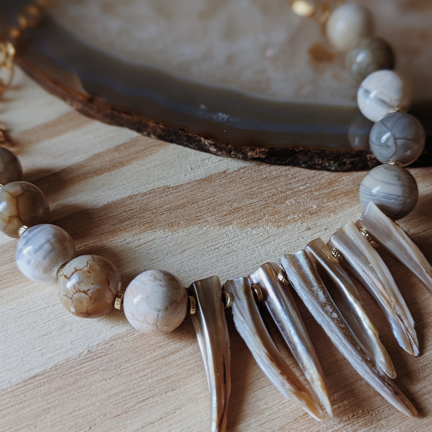 Agate and Sea Shell Spike Necklace