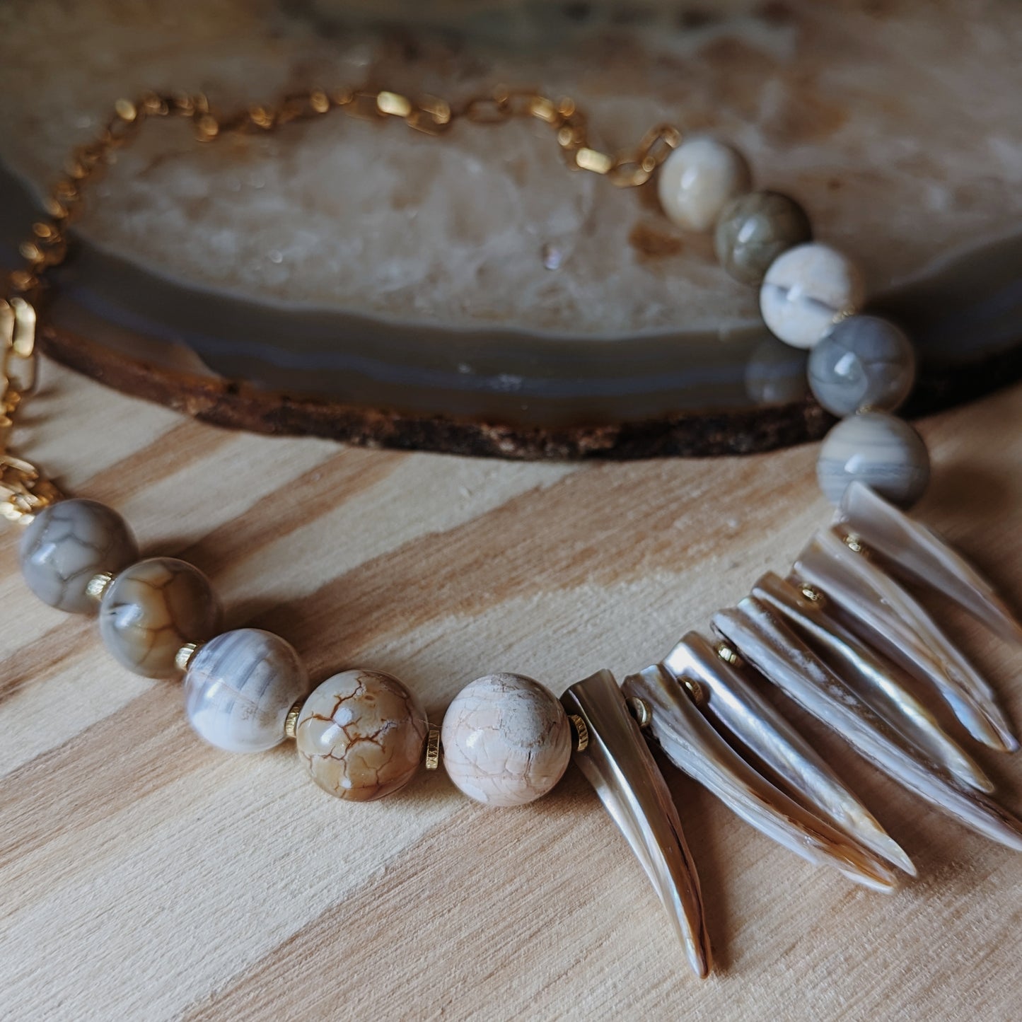 Agate and Sea Shell Spike Necklace