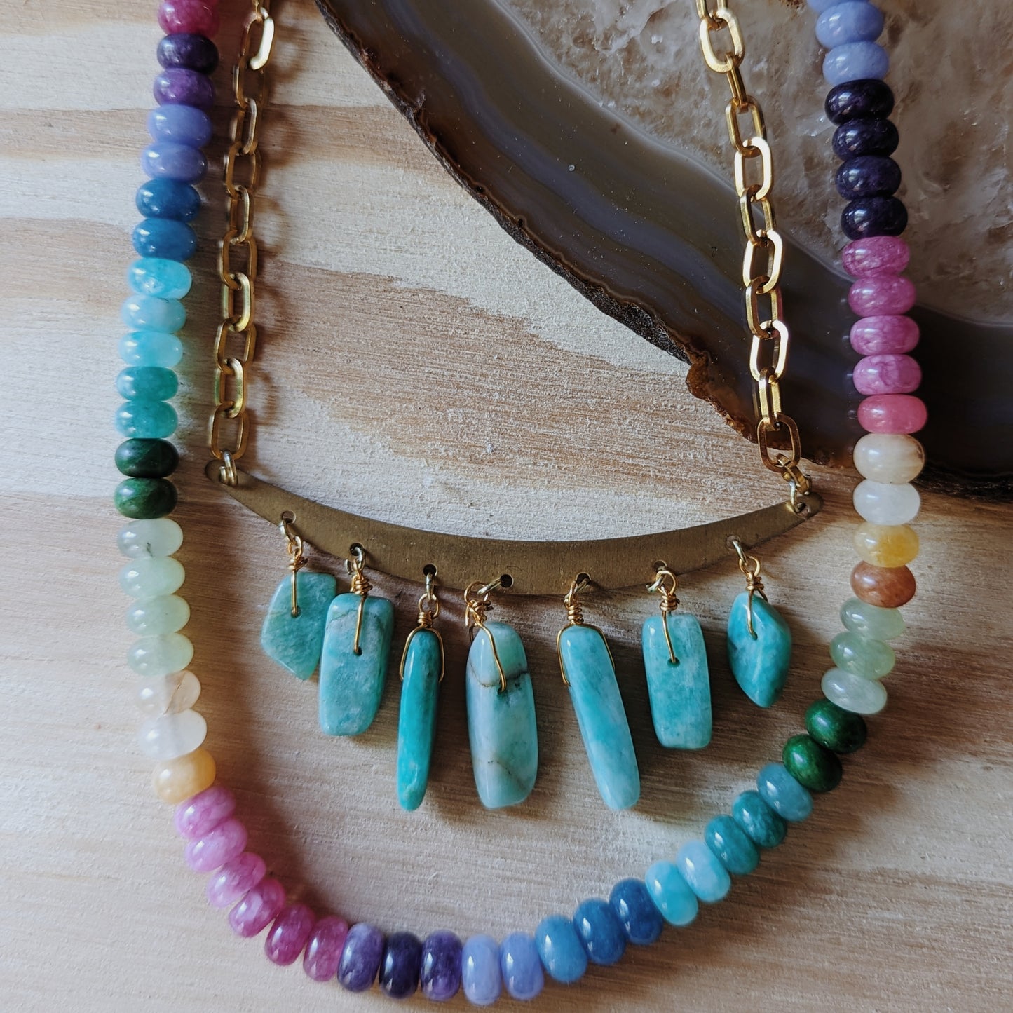 Clear Quartz or Amazonite Brass Apron Necklace