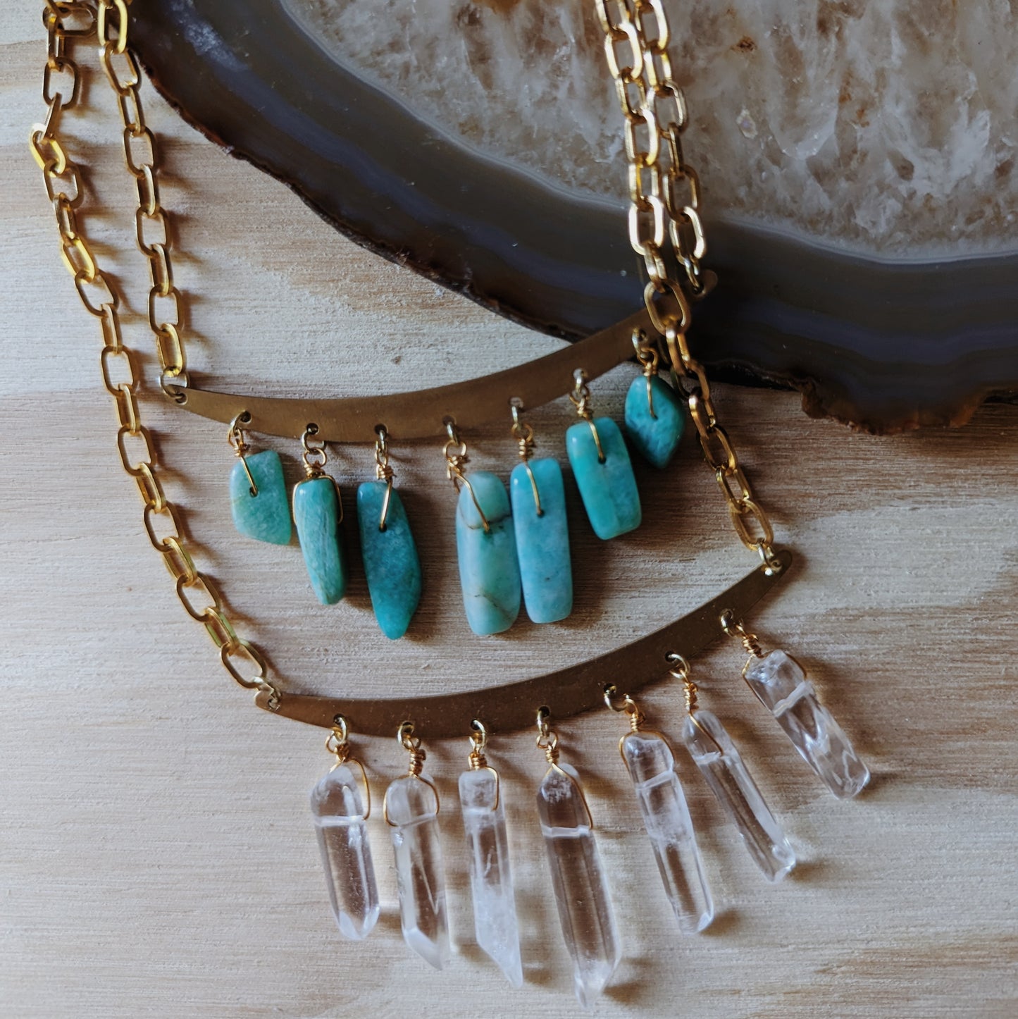 Clear Quartz or Amazonite Brass Apron Necklace