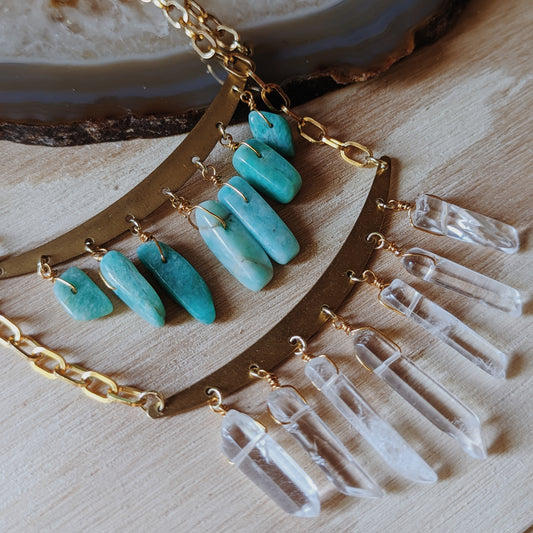 Clear Quartz or Amazonite Brass Apron Necklace