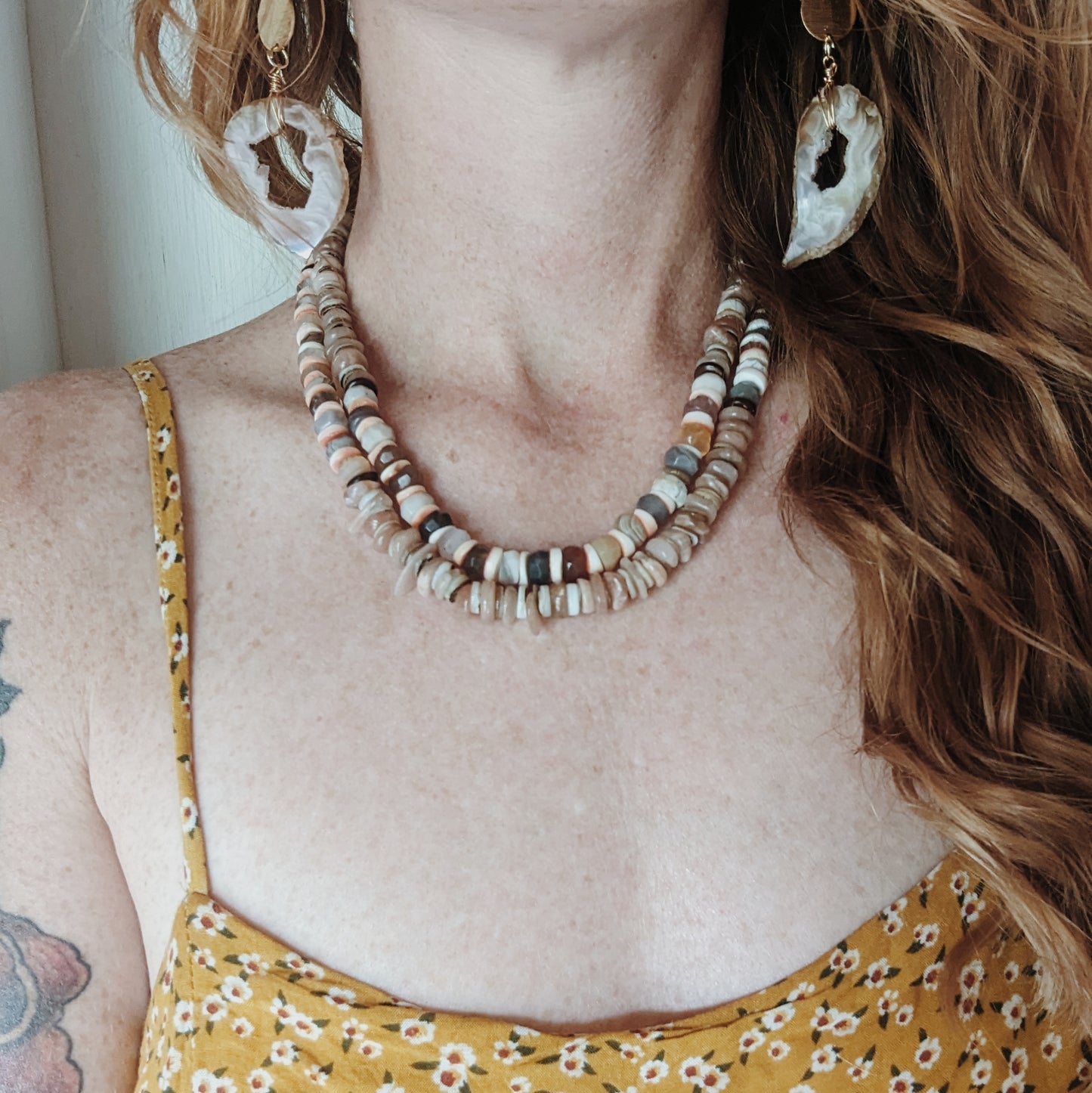 Beaded Necklace | Botswana Agate, Peach Moon Stone, and Sea Shell