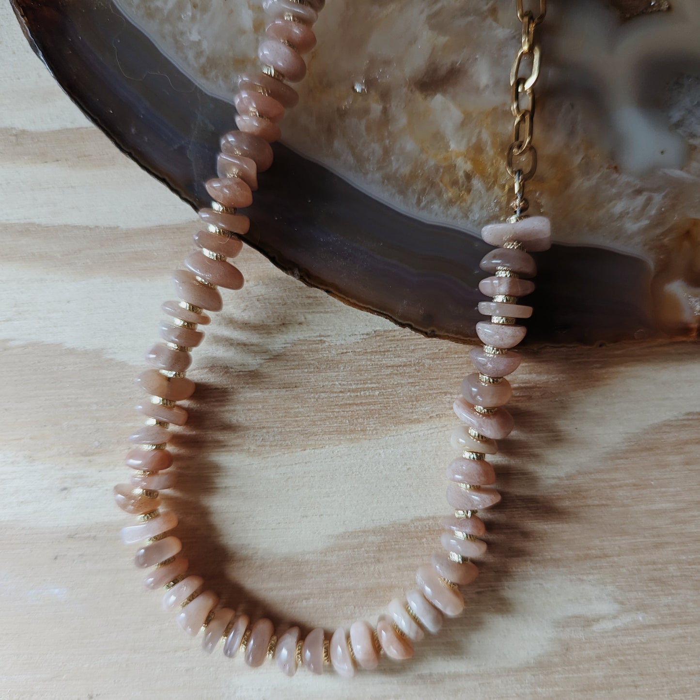 Beaded Necklace | Peach Moonstone + Malachite