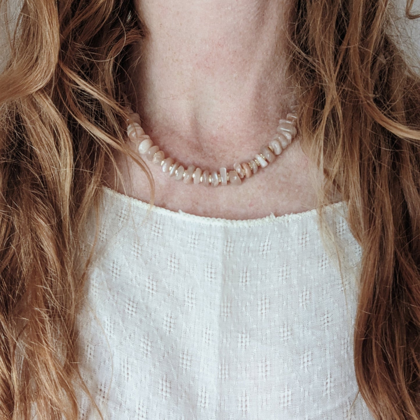 Beaded Necklace | Peach Moonstone + Malachite