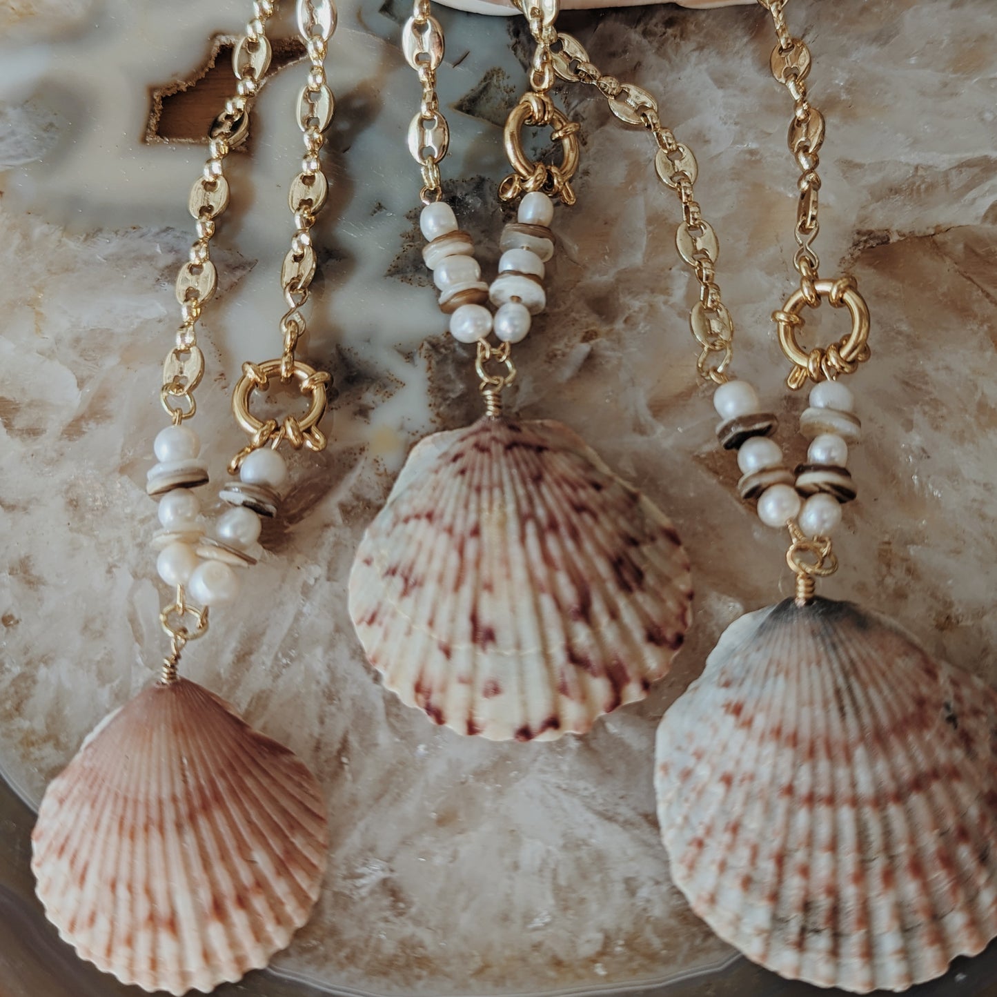 Scallop Seashell and Fresh Water Pearl Mariner Chain Necklace