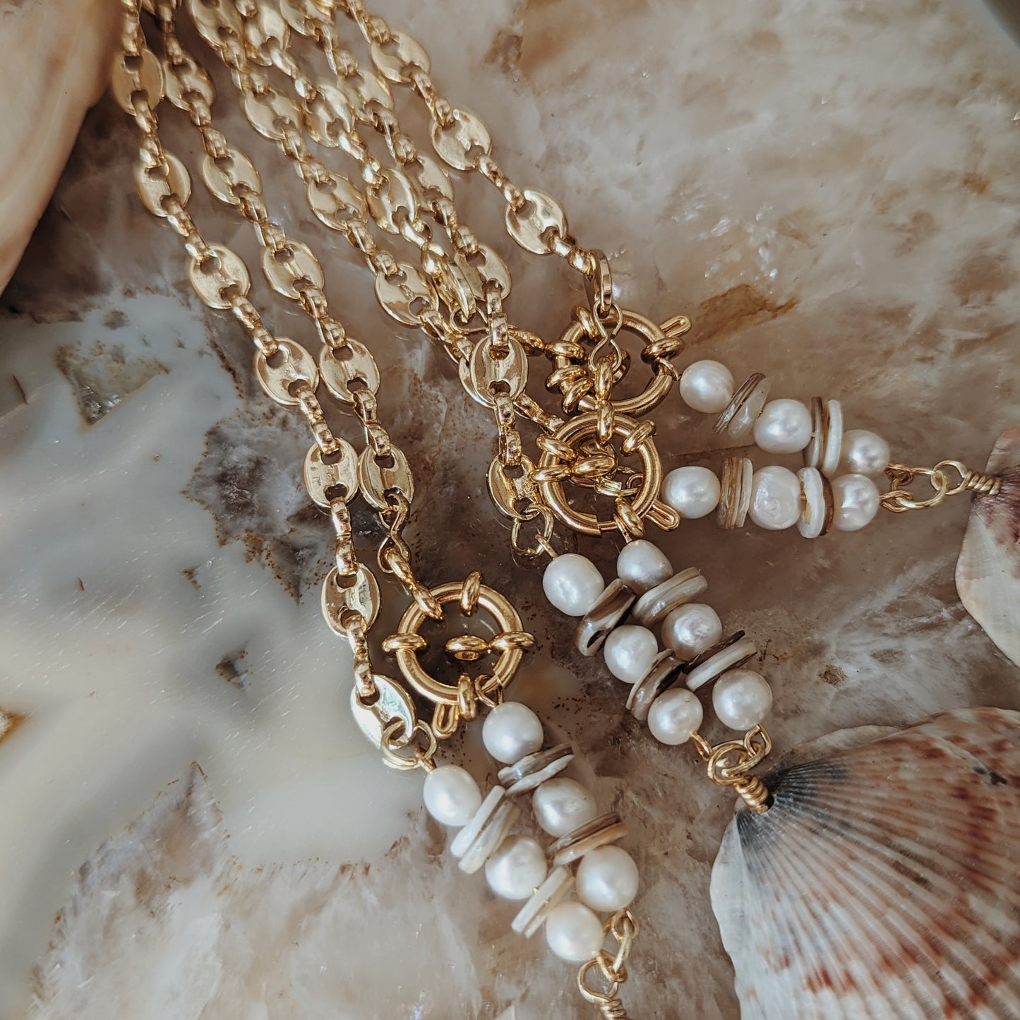 Scallop Seashell and Fresh Water Pearl Mariner Chain Necklace