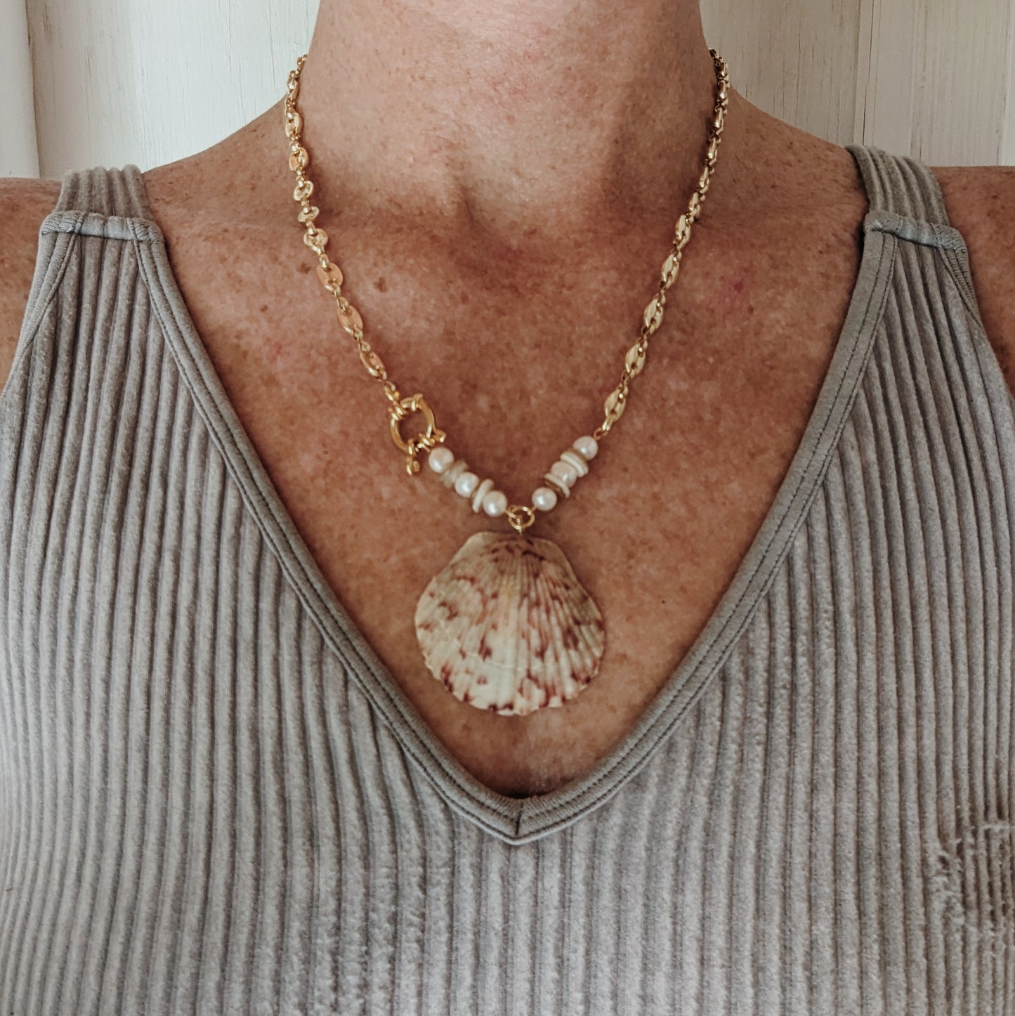 Scallop Seashell and Fresh Water Pearl Mariner Chain Necklace