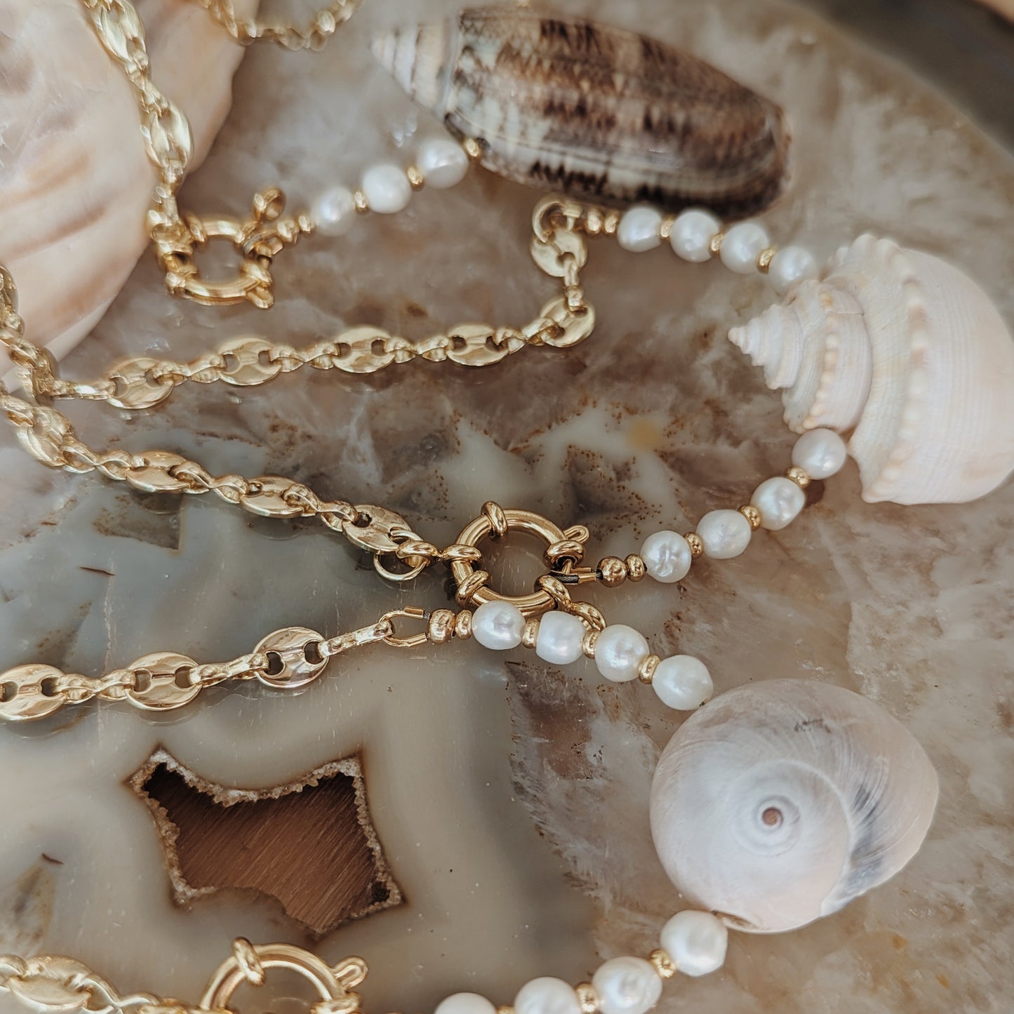 Seashell and Fresh Water Pearl Mariner Chain Necklace