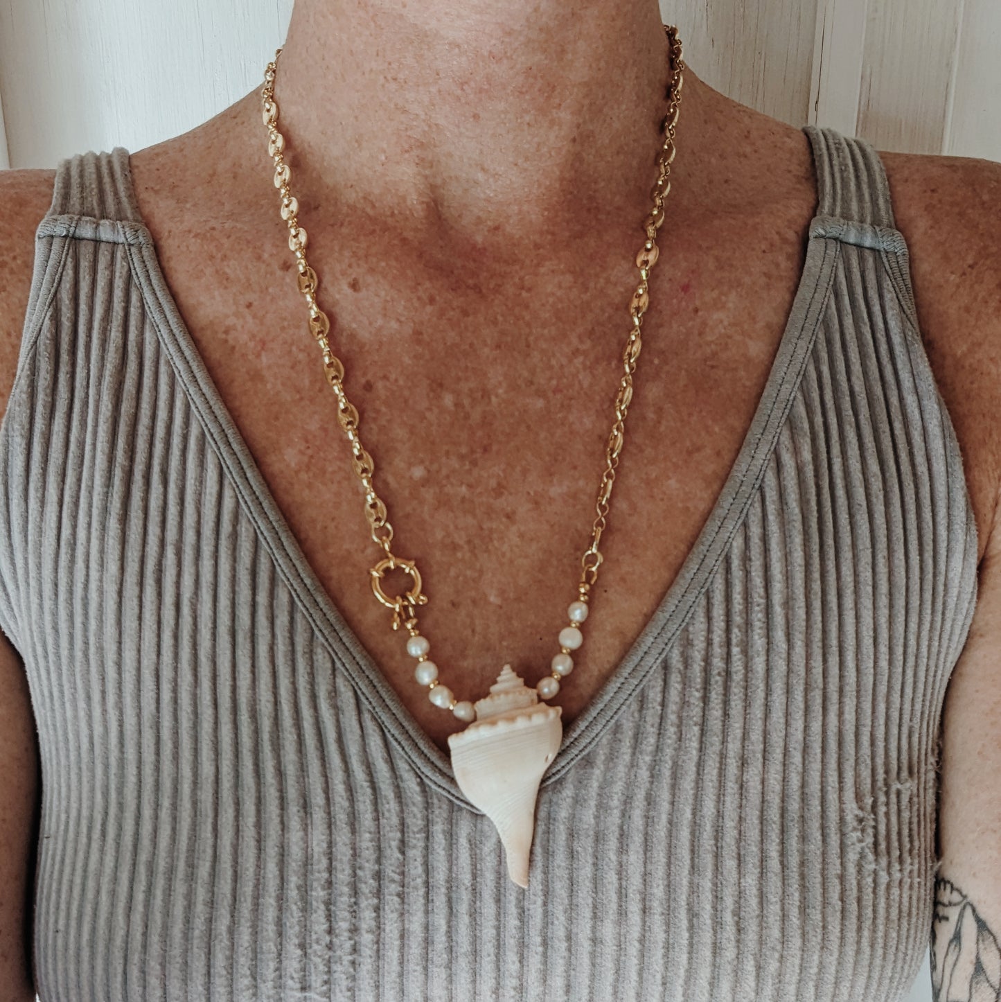 Seashell and Fresh Water Pearl Mariner Chain Necklace