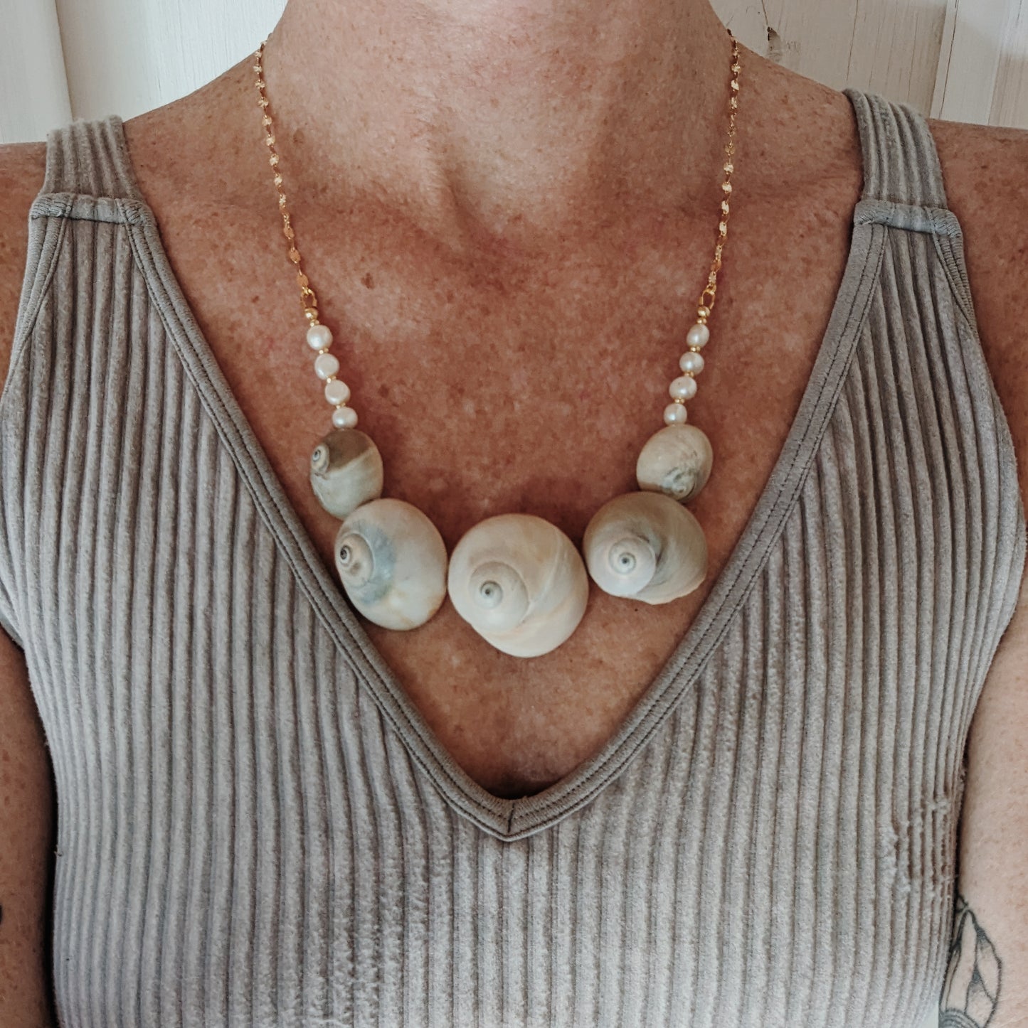 Moon Snail and Freshwater Pearl Seashell Necklace