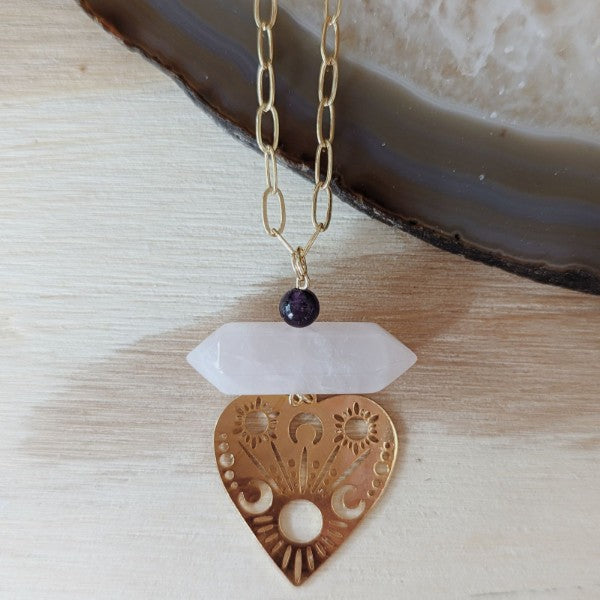 Rose Quartz and Amethyst Heart Necklace