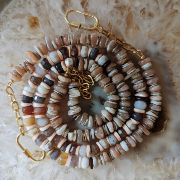 Beaded Necklace | Botswana Agate, Peach Moon Stone, and Sea Shell