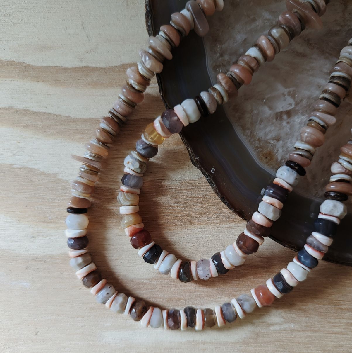 Beaded Necklace | Botswana Agate, Peach Moon Stone, and Sea Shell